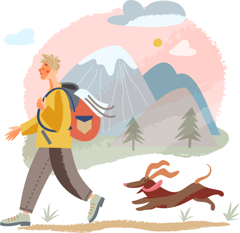Illustration d'un promeneur qui se balade avec son chien dans les montagnes